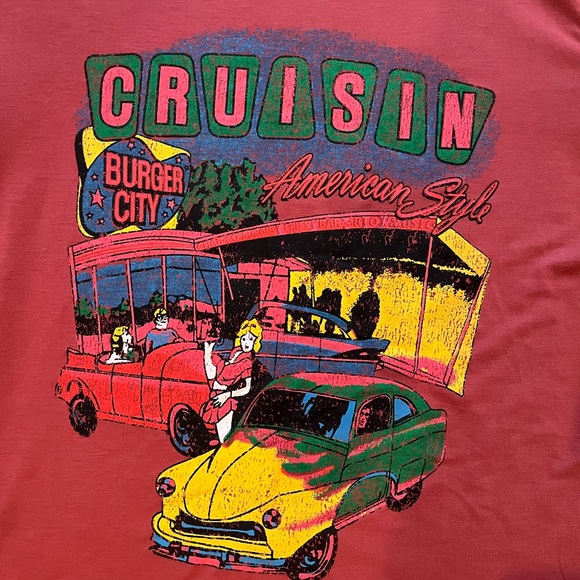 Red Graphic Tee with Vintage Car Print - Picture 2 of 4